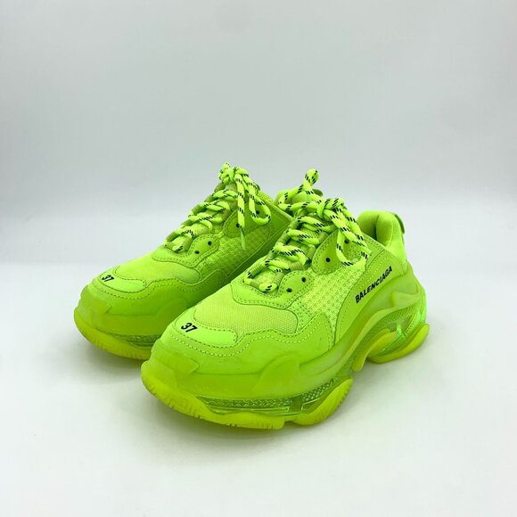 Balenciaga Fluorescent Yellow Triple S Sneakers Size 37 Mesh & Leather Lace-Up S - Picture 1 of 11